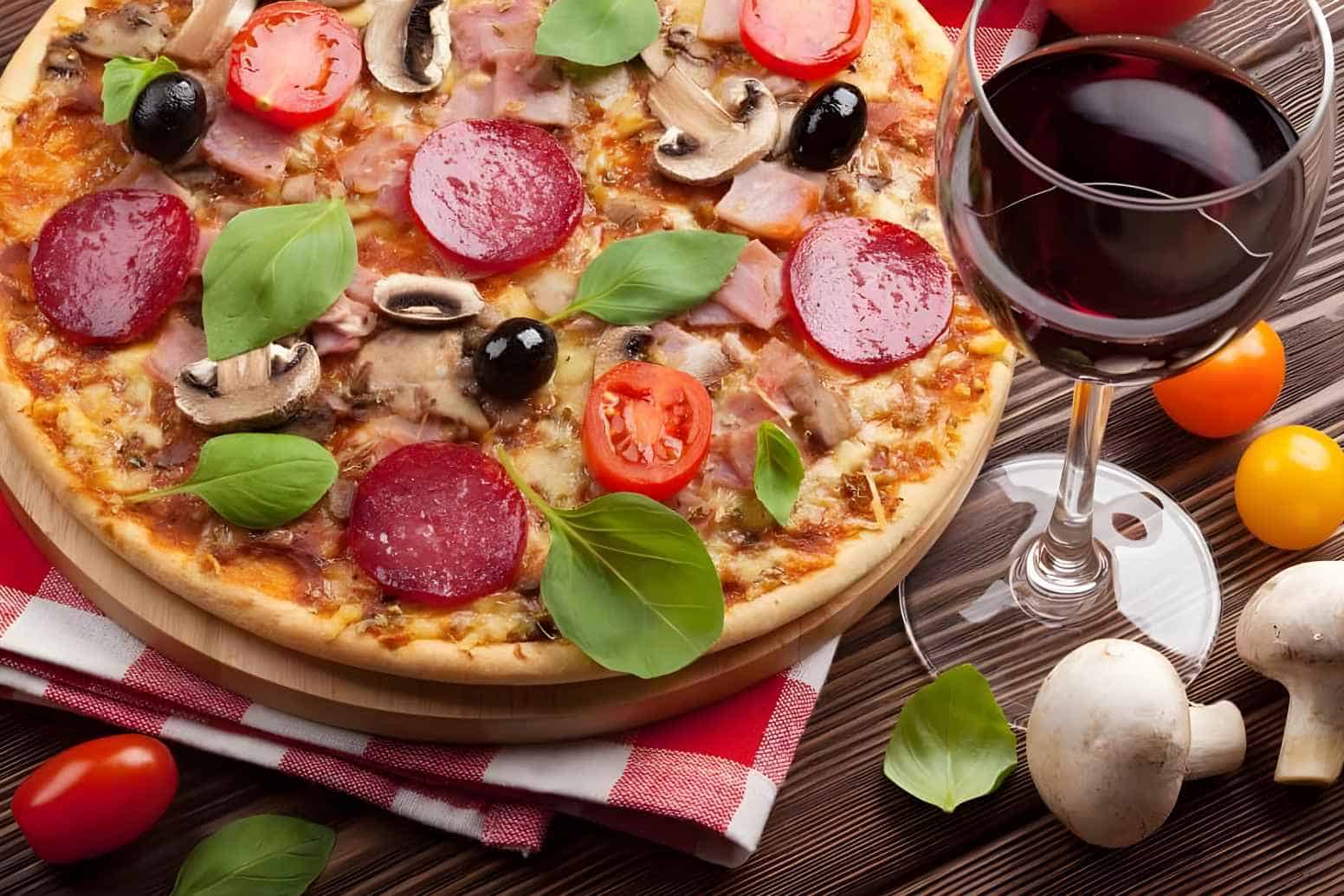 Pizza with wine