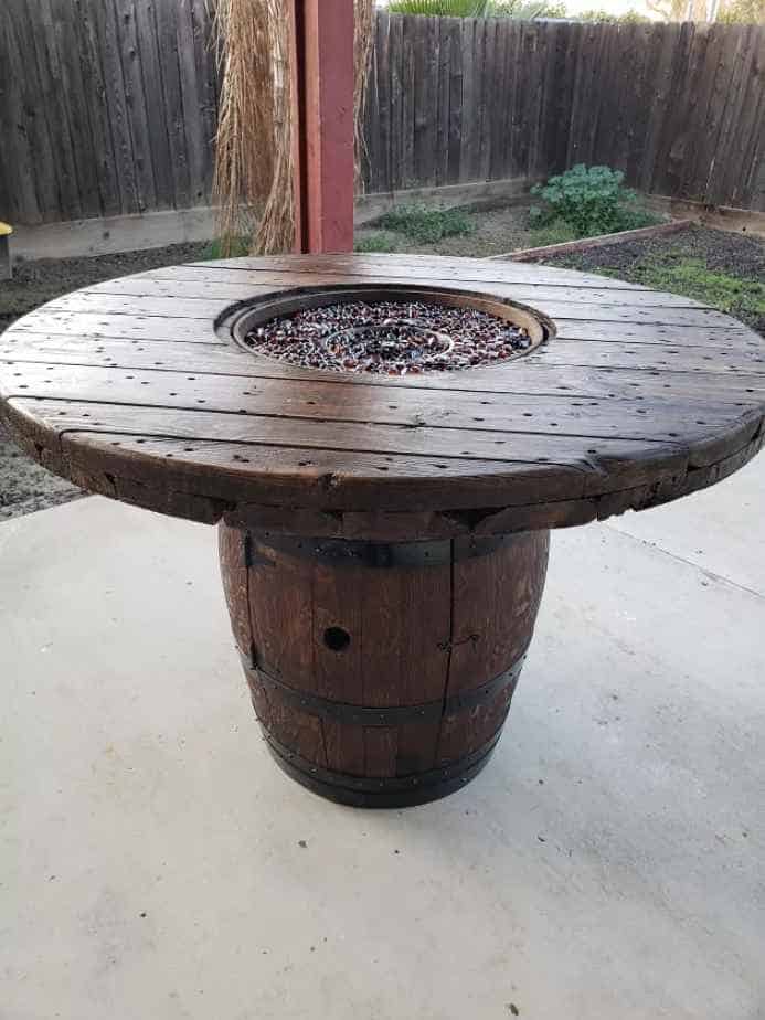 Recycled Wine Barrel and Wire Spool Fire Table